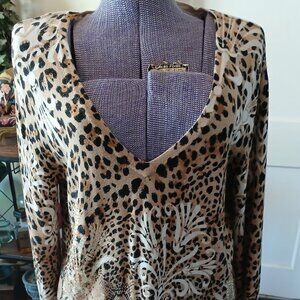 Peck & Peck Cheetah Print Sweeter Animal Print V Neck Embellished Sweater